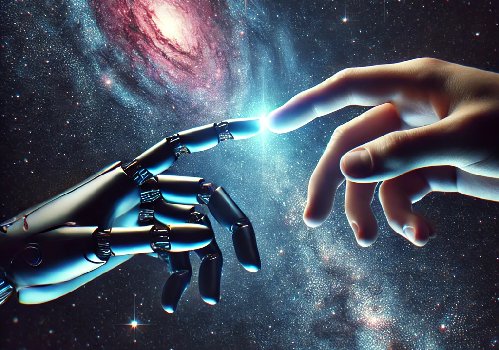 Mano de un robot tocandose con un dedo con una mano humana en un fondo sideral